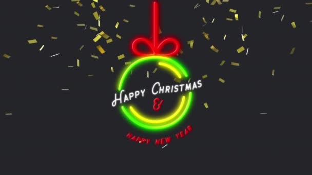 Animace Neonových Vánočních Pozdravů Nad Výzdobou Konfetami Pozadí Vánoční Tradiční — Stock video