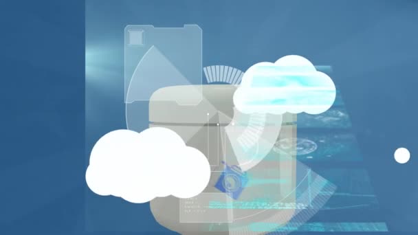 Animação Varredura Escopo Sobre Nuvens Digitais Com Dispositivos Eletrônicos Conceito — Vídeo de Stock