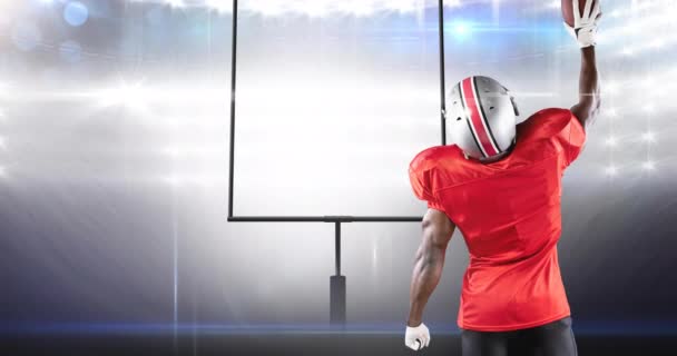 Animation Goalposts American Football Player Holding Ball Floodlit Stadium Sports — Stock Video