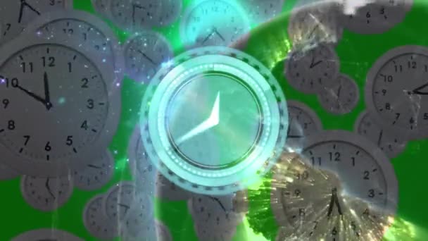 Animação Globo Sobre Relógios Movimento Conceito Global Comunicação Processamento Dados — Vídeo de Stock