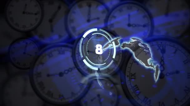 Animation Scope Scanning Countdown Globe Moving Clocks Global Communication Data — Stock Video