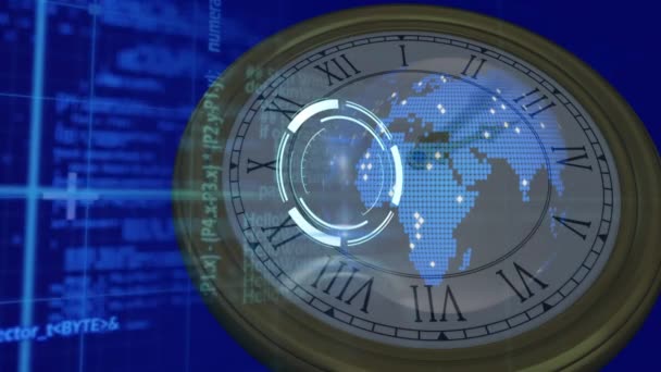 Animation Des Scannings Und Der Datenverarbeitung Über Die Uhr Globale — Stockvideo