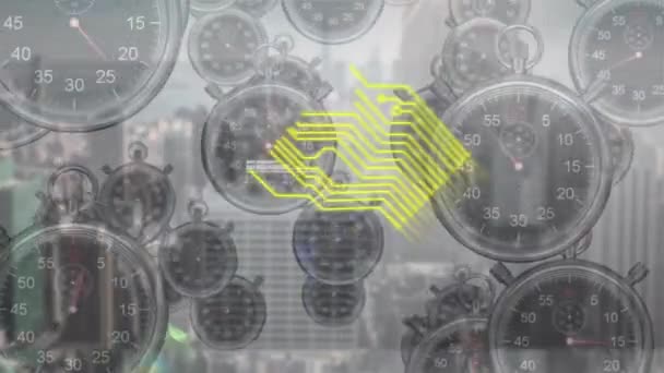 Animação Linhas Amarelas Processamento Dados Relógios Movimento Sobre Paisagem Urbana — Vídeo de Stock