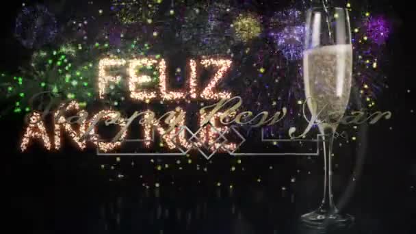 Animación Feliz Año Nuevo Saludos Sobre Fuegos Artificiales Copa Champán — Vídeo de stock