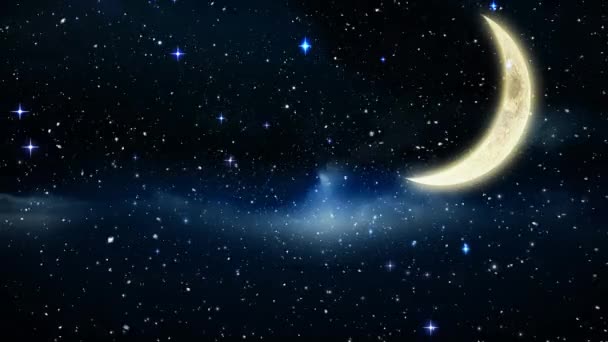 Animação Neve Caindo Sobre Lua Crescente Estrelas Sobre Fundo Azul — Vídeo de Stock
