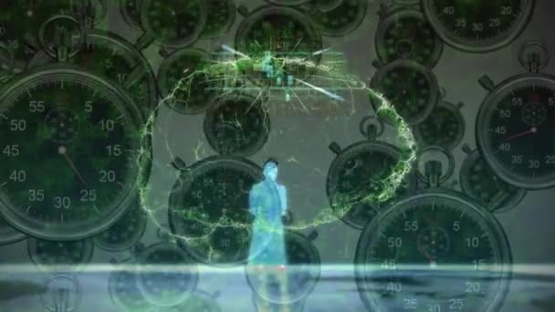 Animatie Van Digitale Hersenen Gegevensverwerking Bewegende Klokken Mondiaal Concept Voor — Stockvideo