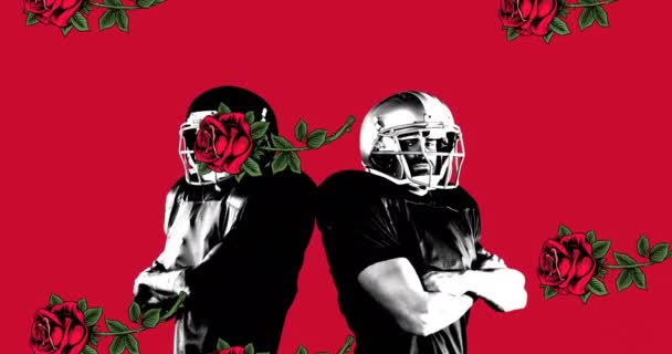 Анімація Чоловіків Американських Футболістів Повертається Назад Через Падінні Червоні Троянди — стокове відео