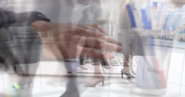 Animation Hands Working Laptop Sped Commuters Walking Modern Building Business — Stock Video
