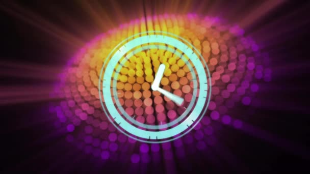 Renkli Işık Noktalarının Üzerinde Hareket Eden Saatin Animasyonu Küresel Bağlantılar — Stok video