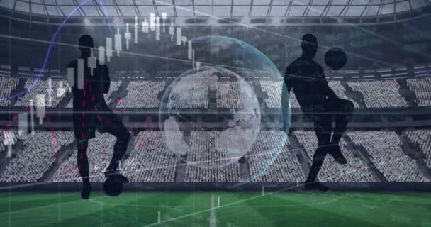 Анимация Графиков Обработки Данных Земным Шаром Футболистами Спортивном Стадионе Спорт — стоковое видео