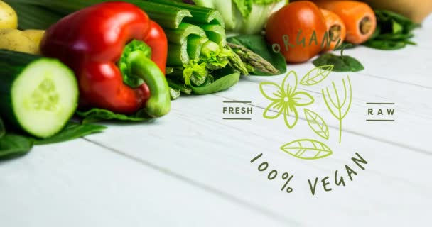 Animação Texto 100 Por Cento Vegan Verde Sobre Legumes Orgânicos — Vídeo de Stock