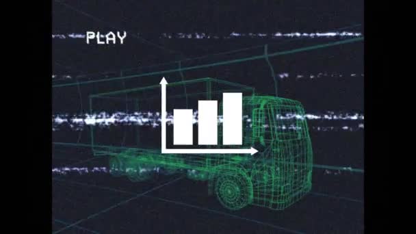 統計のアニメーションとローリーとグリッドの3D図面モデル上でデジタルインターフェイスを再生します 世界規模のエンジニアリング データ処理 デジタルインターフェースの概念デジタル生成されたビデオ — ストック動画
