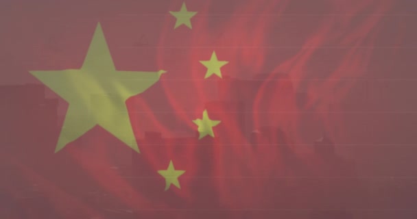 Κινούμενα Σχέδια Της Σημαίας Της Κίνας Πάνω Από Αστικό Τοπίο — Αρχείο Βίντεο
