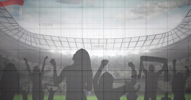 スポーツ競技場で応援ファンを超えるグラフやデータ処理のアニメーション スポーツ グローバルコミュニケーション デジタルインターフェースの概念 デジタルで生成されたビデオ — ストック動画