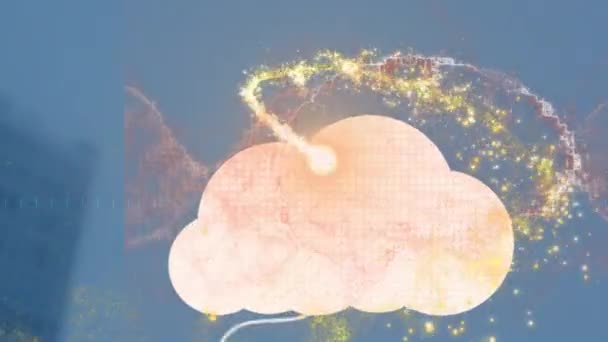 Animação Estrela Cadente Cérebro Humano Nuvens Digitais Com Dispositivos Eletrônicos — Vídeo de Stock