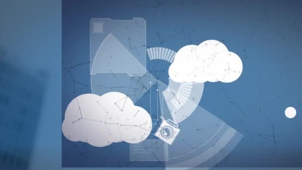 Анімація Сканування Цифрових Хмар Електронними Пристроями Глобальна Технологія Зберігання Даних — стокове відео