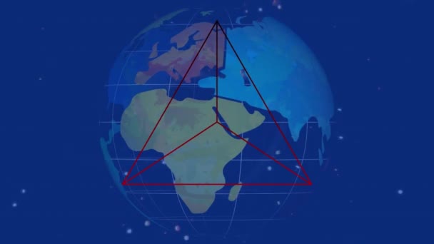 Animation Eines Roten Dreiecks Über Blauem Globus Und Blauem Hintergrund — Stockvideo