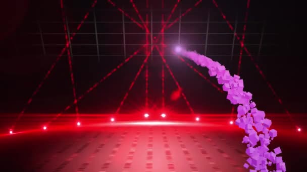 赤いレーザー光ショーで暗い空のステージ上の紫色の花火のアニメーション エンターテイメント授賞式イベントお祝いのコンセプトデジタルで生成されたビデオ — ストック動画
