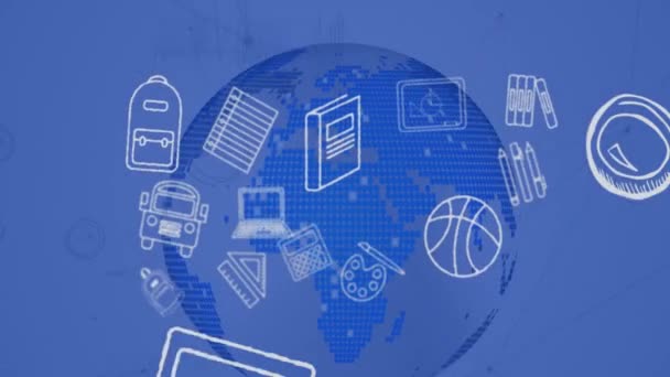 Анімація Шкільних Іконок Плавають Над Блакитною Кулею Синім Тлом Глобальна — стокове відео