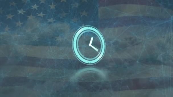 Animation Moving Clock Network Connections Usa Flag Global Communication Data — Stock Video