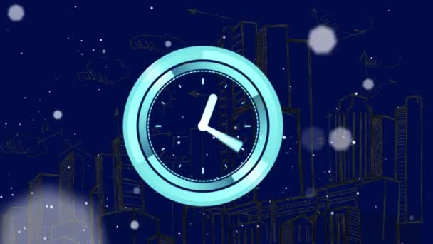 Animation Moving Clock Snow Falling Cityscape Blue Background Global Development — Stock Video