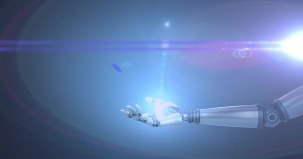 Animatie Van Blauw Licht Lensflare Hand Van Robotarm Met Pulserend — Stockvideo