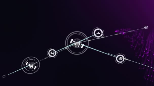 紫色の光の歩道上のデジタルアイコンとの接続のネットワークのアニメーション オンライン接続 ネットワーキング デジタルインターフェースの概念デジタル生成されたビデオ — ストック動画