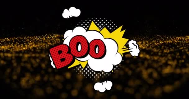 Animáció Boom Szöveg Narancssárga Pontok Fekete Háttér Közösségi Média Kommunikációs — Stock videók