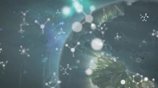 Animatie Van Aardbol Moleculen Boven Hemel Mondiaal Concept Voor Communicatie — Stockvideo