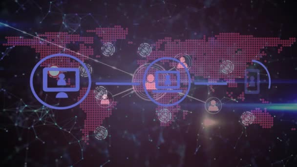 Animação Rede Conexões Com Ícones Mapa Mundo Sobre Fundo Preto — Vídeo de Stock