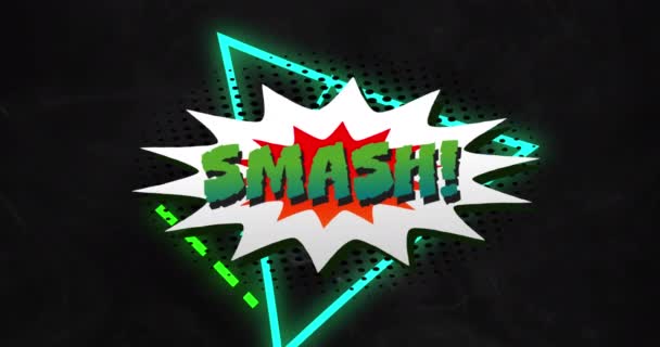 Animation Von Smash Text Über Neon Dreiecken Auf Schwarzem Hintergrund — Stockvideo