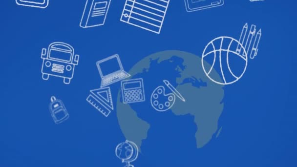 Animação Ícones Escolares Sobre Globo Azul Fundo Azul Conceito Global — Vídeo de Stock