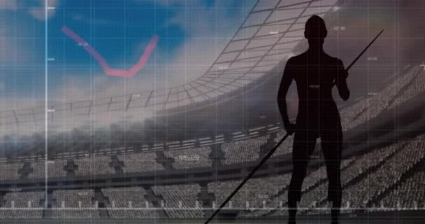 Animace Grafů Zpracování Dat Přes Ženský Atlet Oštěpem Sportovním Stadionu — Stock video
