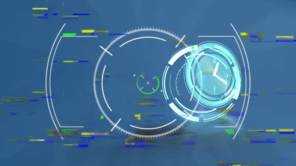 Animación Del Reloj Movimiento Rápido Escaneo Alcance Sobre Fondo Azul — Vídeos de Stock