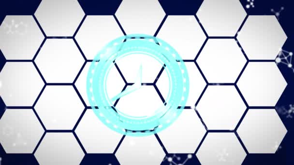 Animation Moving Clock Molecules Hexagons Blue Background Global Development Engineering — Stock Video