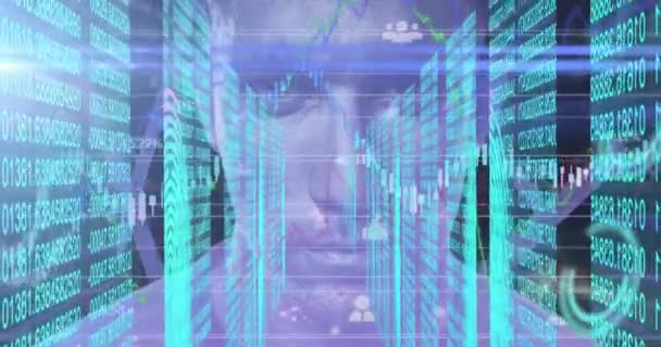 Animação Impressões Digitais Biométricas Processamento Dados Sobre Rosto Homem Conceito — Vídeo de Stock