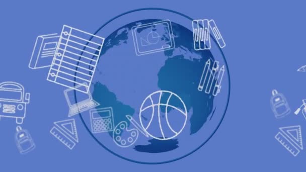 在蓝色的地球和蓝色的背景上飘浮的学校图标的动画 全球教育 学习和发展概念数码视频 — 图库视频影像