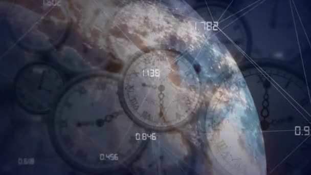 Animatie Van Het Netwerk Van Verbindingen Bewegende Klokken Wereldbol Mondiaal — Stockvideo