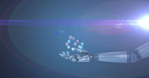 Animação Rede Ícones Mídia Sobre Mão Braço Robô Com Luz — Vídeo de Stock