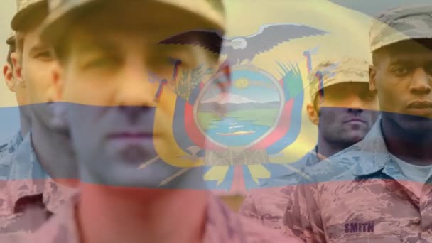 Animatie Van Vlag Van Ecuador Diverse Mannelijke Soldaten Uniform Nationaal — Stockvideo