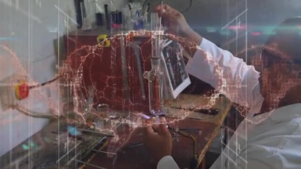 研究室で働く生物学的男性科学者に対するデジタル脳のアニメーション 世界の科学技術の概念はデジタルで生成され — ストック動画