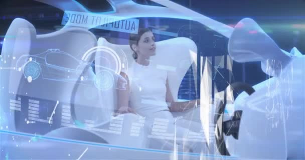Animacja Przetwarzania Danych Nad Kobietą Samojezdnym Samochodzie Globalna Technologia Przetwarzanie — Wideo stockowe
