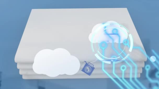Animação Varredura Escopo Engrenagens Sobre Nuvens Digitais Com Dispositivos Eletrônicos — Vídeo de Stock