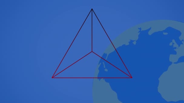 Animace červeného trojúhelníku nad modrou koulí a modrým pozadím. globální připojení a koncept vytváření sítí digitálně generované video.