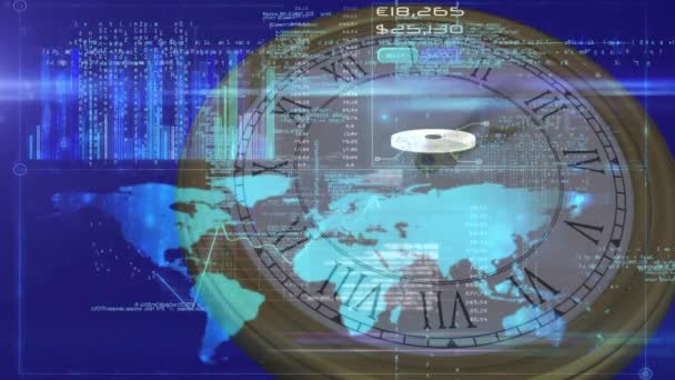 Animação Processamento Dados Mapa Mundo Movimento Relógio Conceito Global Comunicação — Vídeo de Stock
