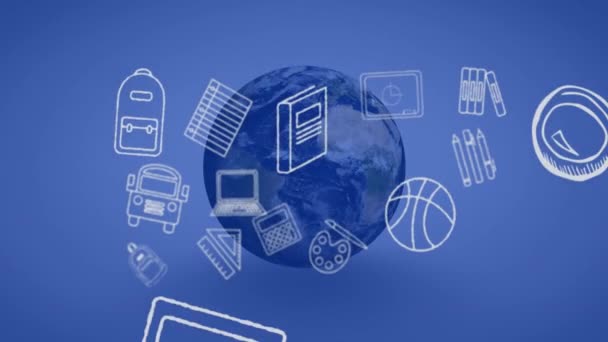 在蓝色的地球和蓝色的背景上飘浮的学校图标的动画 全球教育 学习和发展概念数码视频 — 图库视频影像