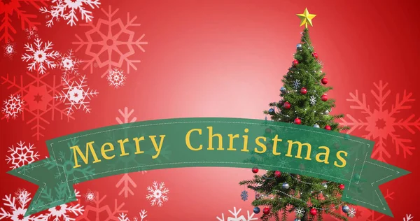 Εικόνα Από Χαρούμενο Χριστουγεννιάτικο Κείμενο Πάνω Από Χριστουγεννιάτικο Δέντρο Και — Φωτογραφία Αρχείου