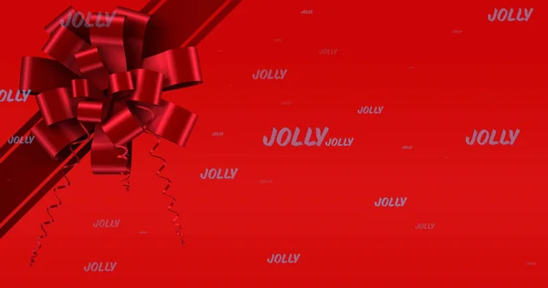 赤い背景のクリスマスと赤いリボンで繰り返される喜びのテキストのイメージ クリスマス冬伝統お祝いのコンセプトデジタルで生成されたイメージ — ストック写真