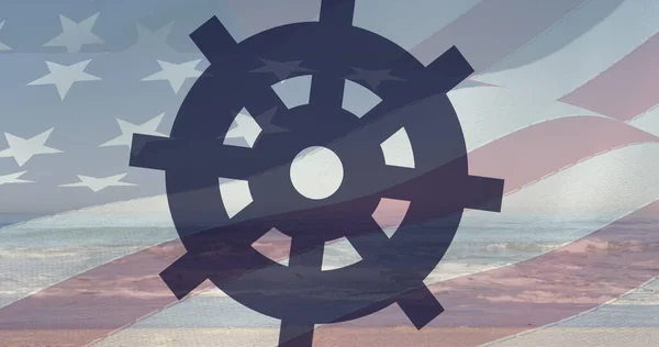 Изображение Вращающегося Колеса Кораблей Американским Флагом Дующим Над Океаном Голубым — стоковое фото