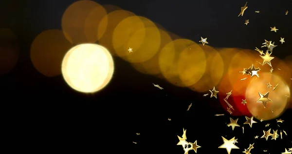 Fényfoltok Felett Lebegő Csillagok Képe Fekete Háttéren Szilveszteri Party Ünnepségek — Stock Fotó